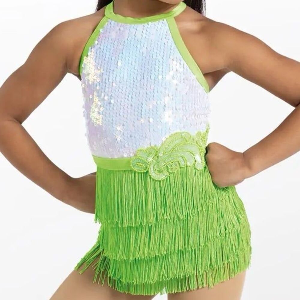 Weissman Conga Dance Costume High Waisted Sequin and Fringe size Small Child